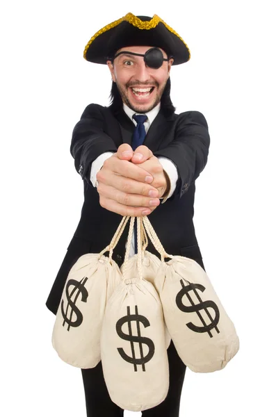 Kalóz üzletember, tartja a pénzt táskák elszigetelt fehér — Stock Fotó