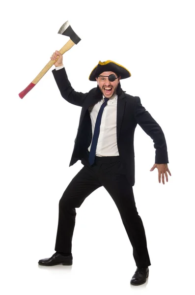 Homem de negócios pirata com machado isolado em branco — Fotografia de Stock