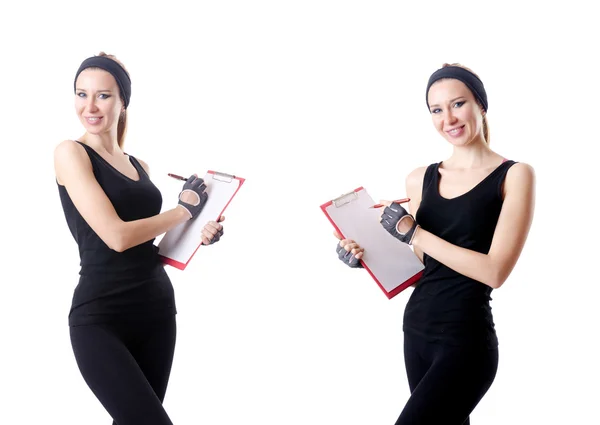 Young woman with notepad writing on white — Stock Photo, Image