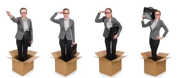 Composite image of woman with boxes on white — Stock Photo, Image