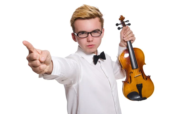 Молодой смешной скрипач изолирован на белом — стоковое фото