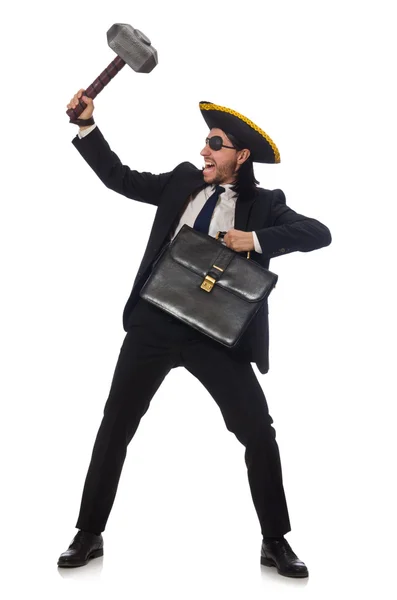 Homem de negócios pirata com martelo e maleta isolados em branco — Fotografia de Stock