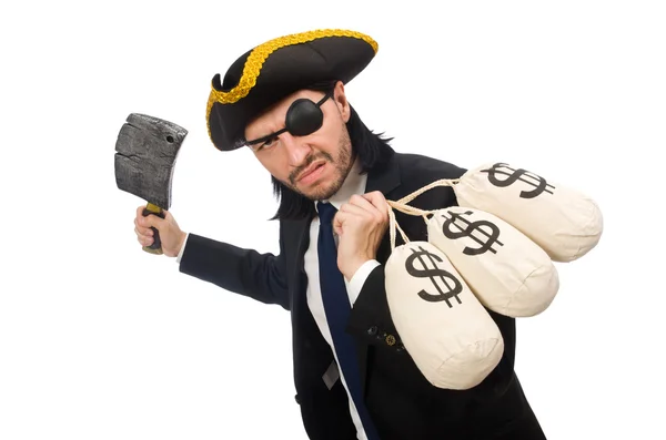 Piratenunternehmer mit Geldbeutel und Fleischermesser — Stockfoto