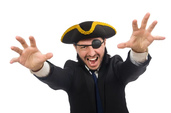 Piraten zakenman draagt tricorn geïsoleerd op wit — Stockfoto