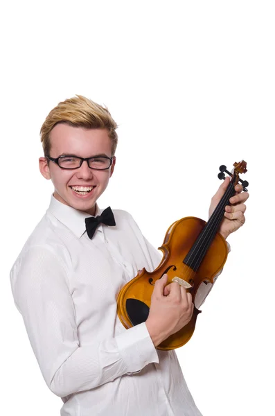 Young funny violin player isolated on white — Stock Photo, Image