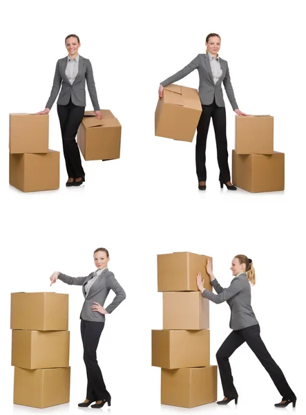 Composite image of woman with boxes on white — Stock Photo, Image