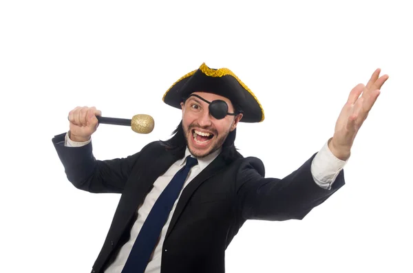 Pirát podnikatel drží mikrofon izolované na bílém — Stock fotografie
