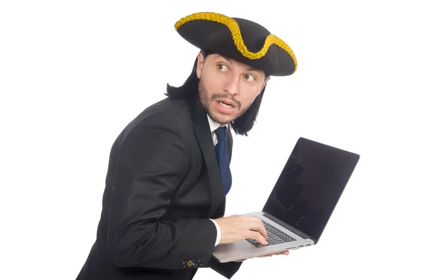 Pirata empresario sosteniendo portátil aislado en blanco —  Fotos de Stock