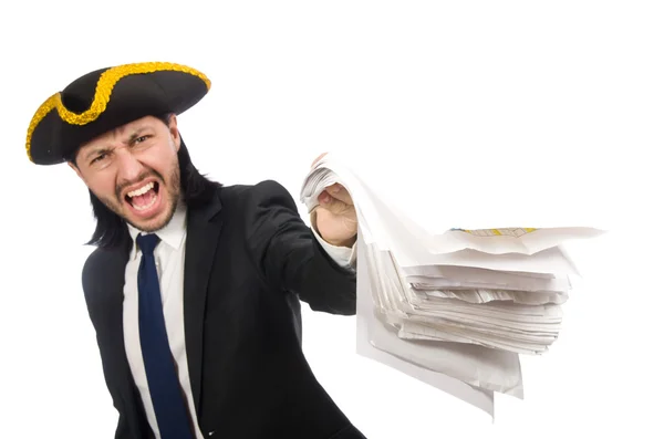 Homem de negócios pirata segurando papéis isolados em branco — Fotografia de Stock