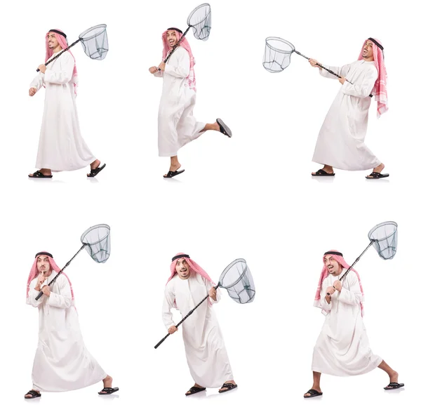 Hombre árabe con red de captura aislado en blanco — Foto de Stock