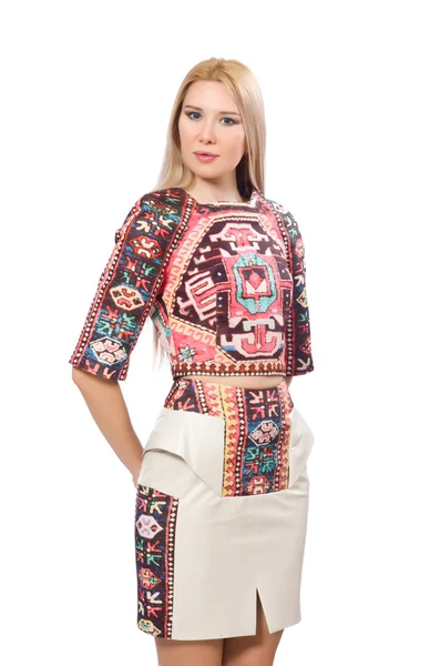 Beyaz üzerinde halı izi olan güzel bir manken.