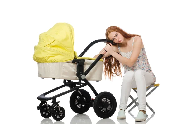 Kvinna med barn och barnvagn isolerad på vit — Stockfoto