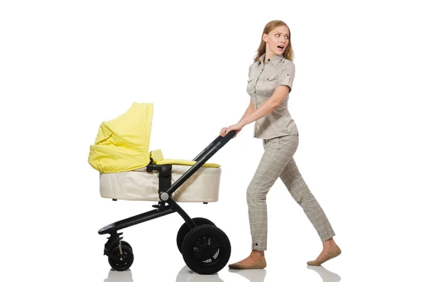 Vrouw met baby en kinderwagen geïsoleerd op wit — Stockfoto