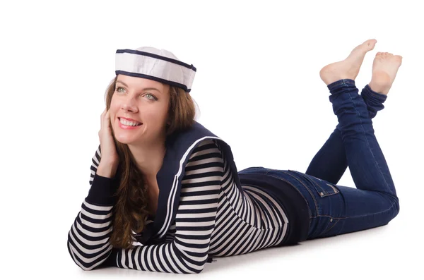 Ung kvinna sjöman isolerad på vit — Stockfoto
