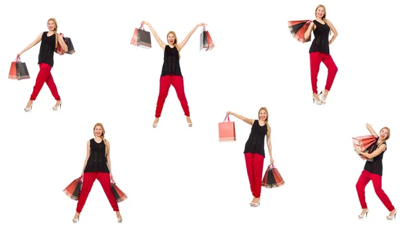 Set van vrouw met boodschappentassen op wit — Stockfoto
