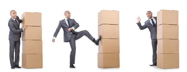 Collage of photos with man and boxes — Stock Photo, Image