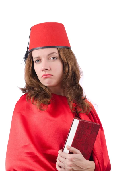 Woman wearing fez hat isolated on white — Stock Photo, Image