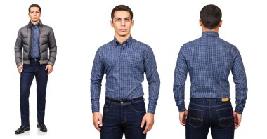 Moda konsepti olan genç bir adam beyazlara izole edilmiş.