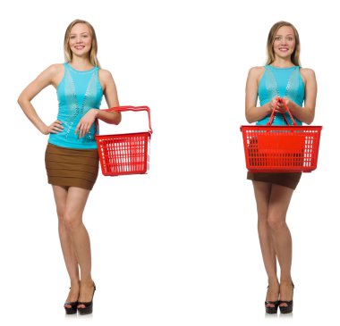 Alışveriş sepetli bir kadının birleşik fotoğrafı.