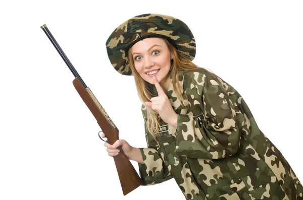 Menina de uniforme militar segurando a arma isolada no branco — Fotografia de Stock