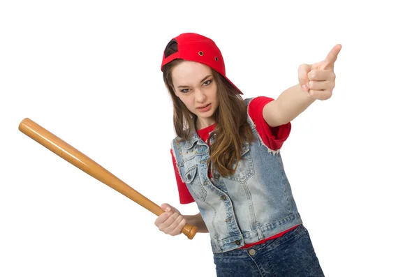 Pretty girl holding baseball bat isolated on white — Stock Photo, Image