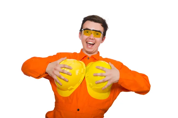 Man in oranje overall geïsoleerd op wit — Stockfoto