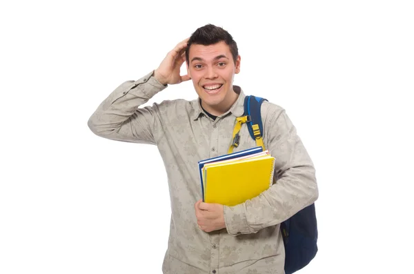 Lachende Kaukasische student met rugzak en boeken — Stockfoto