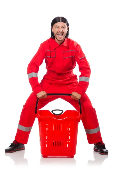 Man draagt rode overall geïsoleerd op wit — Stockfoto