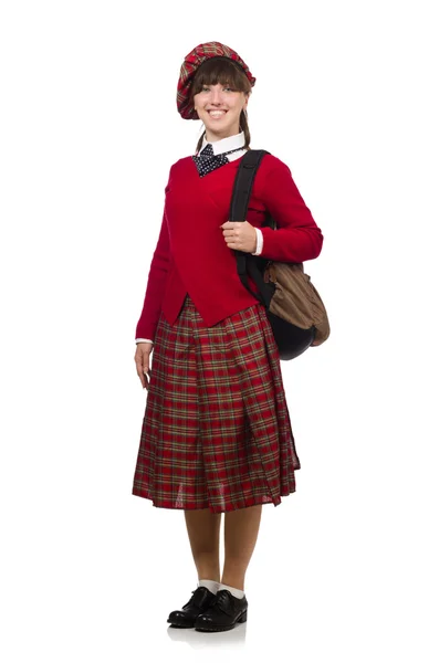 Girl in scottish tartan clothing isolated on white Stock Picture