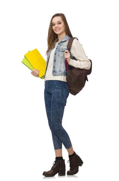 Hübsche Studentin hält Schulbücher isoliert auf weiß — Stockfoto