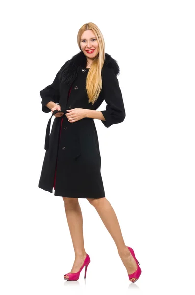 Pretty blond woman in black coat isolated on white — Stock Photo, Image