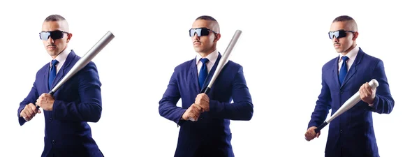 Handsome businessman with bat on white — Stock Photo, Image