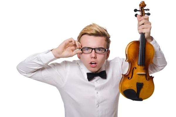 Junger lustiger Geigenspieler isoliert auf Weiß — Stockfoto
