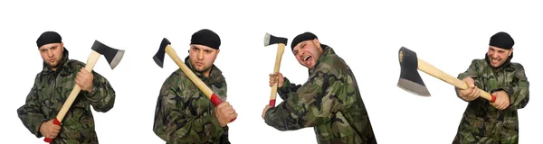 Voják s izolátem sekery na bílém — Stock fotografie