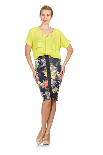 Tall model in yellow blouse isolated on white — Stock Photo, Image