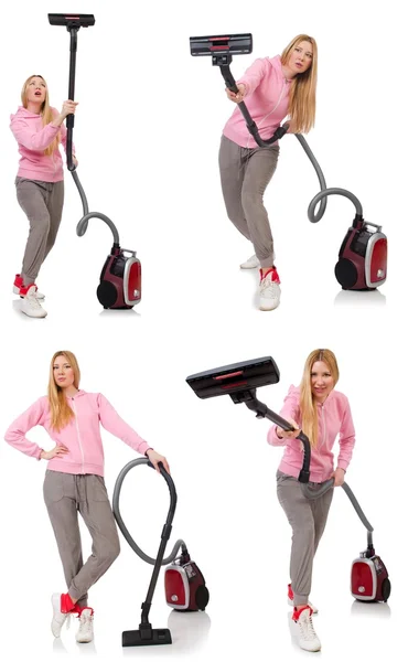 Young woman with vacuum cleaner on white — Stock Photo, Image