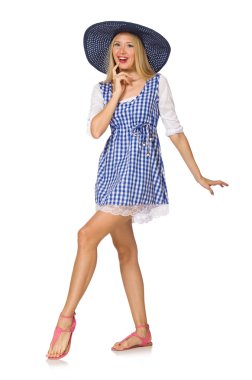 Ekose mavi elbise ve şapka üzerinde beyaz izole Kafkas kadın