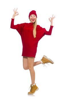 Kırmızı elbiseli güzel bir kız, beyaz tenli.