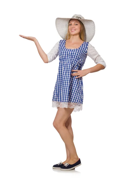Donna sorridente in plaid semplice vestito e cappello — Foto Stock