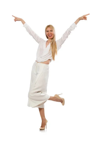 Modelo de pelo rubio en elegantes pantalones acampanados aislados en blanco —  Fotos de Stock