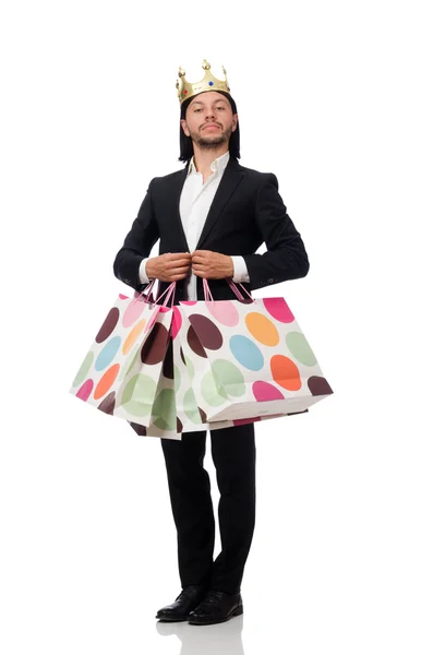 Black suit man holding plastic bags isolated on white — Stock Photo, Image