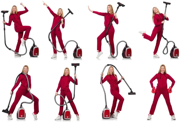 Young woman with vacuum cleaner on white — Stock Photo, Image