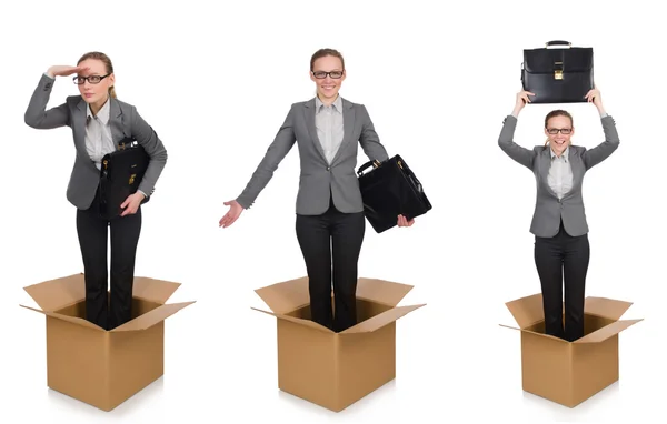 Composite image of woman with boxes on white — Stock Photo, Image