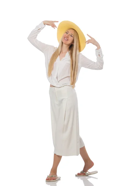 Блондинка модель волосся в елегантних розкльошені штани ізольовані на білому — стокове фото
