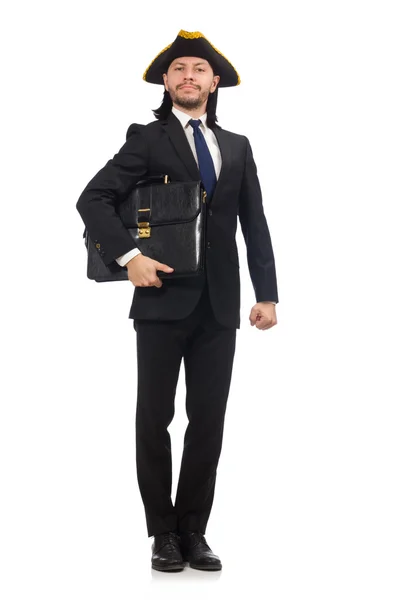 Uomo d'affari con tricorno e valigetta isolati su bianco — Foto Stock