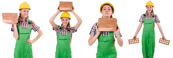 Vrouw met bakstenen geïsoleerd op wit — Stockfoto