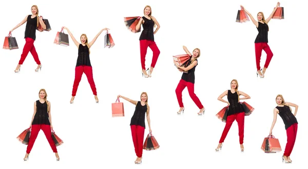 Conjunto de mujer con bolsas de compras en blanco —  Fotos de Stock