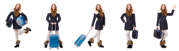 Woman with suitcase preparing for winter vacation — Stock Photo, Image