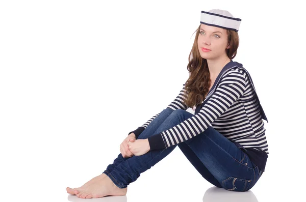 Mujer joven marinera aislada en blanco —  Fotos de Stock