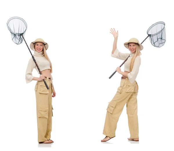 Mujer con red de captura en blanco — Foto de Stock